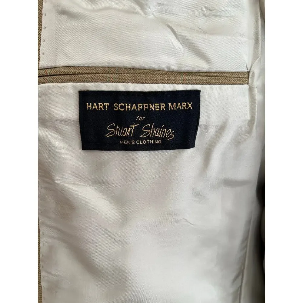 Hart Schaffner Marx 3 Button Suit Jacket Blazer Tan w Blue Windowpane 42S SG